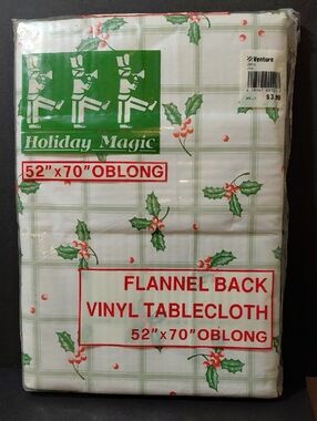 NIP Holiday Magic 52" x 70" Oblong Holly Vinyl Tablecloth with Flannel Back